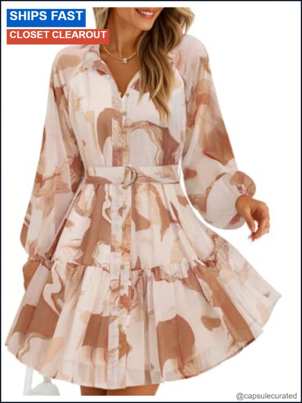 Fall Floral Mini Dress Long Sleeve Chiffon Button Down A-Line